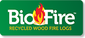 Logo design for BioFire recycled wood fire logs, a cost-effective alternative to sawdust or wood chip products.