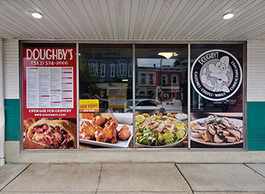 Window banners for Doughby's Restaurant in Oxford, Ohio.