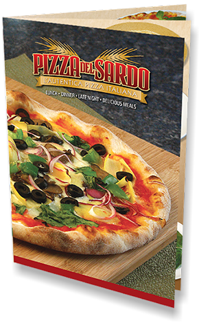 Menu design and photography for Pizza del Sardo in California.