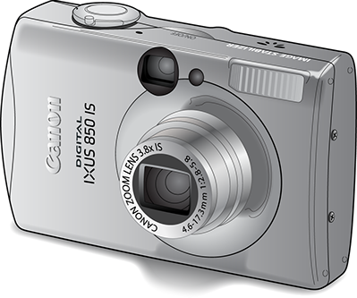 Illustration: Line drawing of a Canon point and shoot camera with shading.