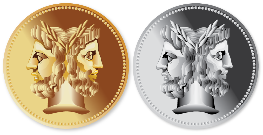 Illustration of metallic coins in gold and silver, with the heads of Janus, the Roman god of doorways, archways, beginnings and endings.