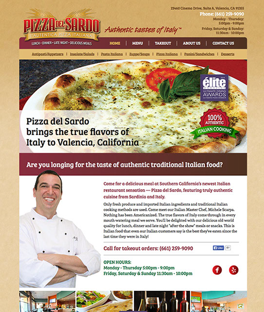 Web site design for Pizza del Sardo Italian restraurant in California.