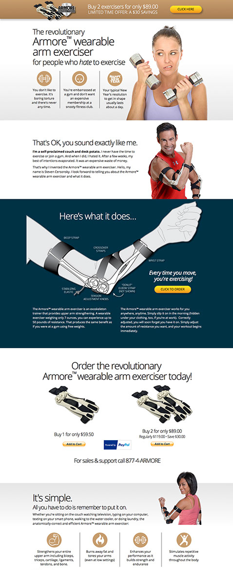 Website design for Armore Wearable Fitness by Design Strategies, Inc. This is a targeted landing page.