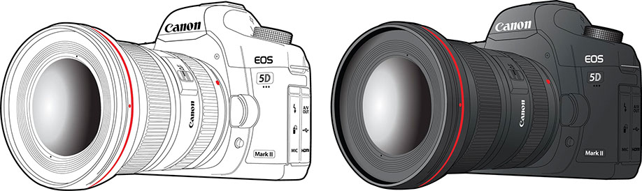 Illustration: Canon 5D MkII camera line drawing and shaded samples. Great for instruction manuals.