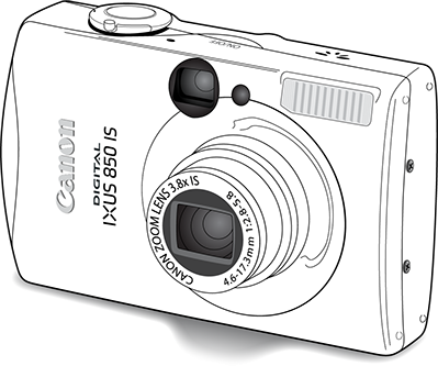 Illustration: Line drawing of Canon camera for product illustration.