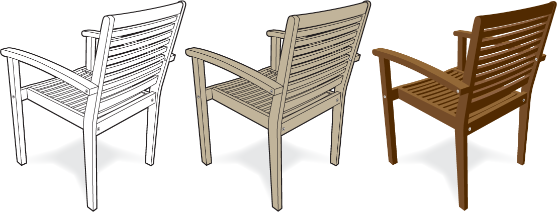 Line drawing illustration of 3 wooden chairs showing black and white, one color and semi-realistic styles.