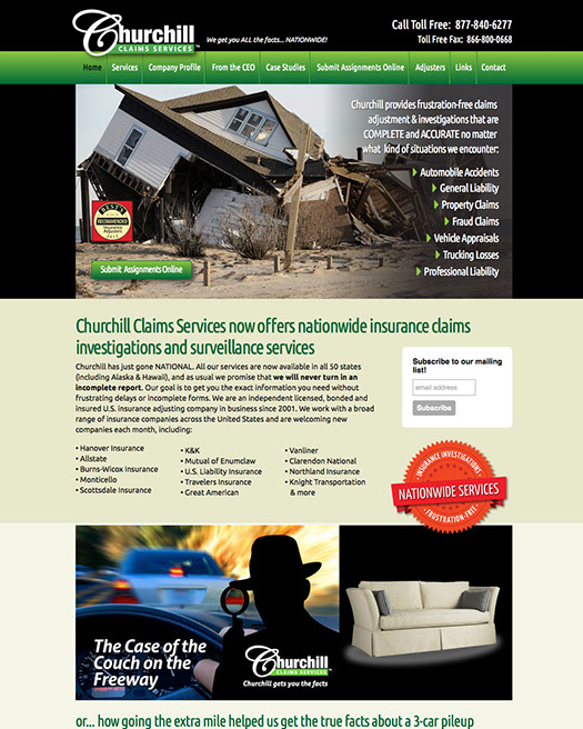 Web site design for Churchill Claims Services of Largo, Florida.