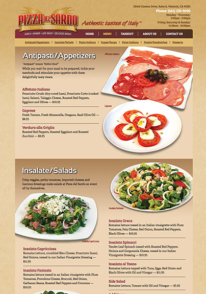 Web site design for Pizza del Sardo Italian restaurant in California.
